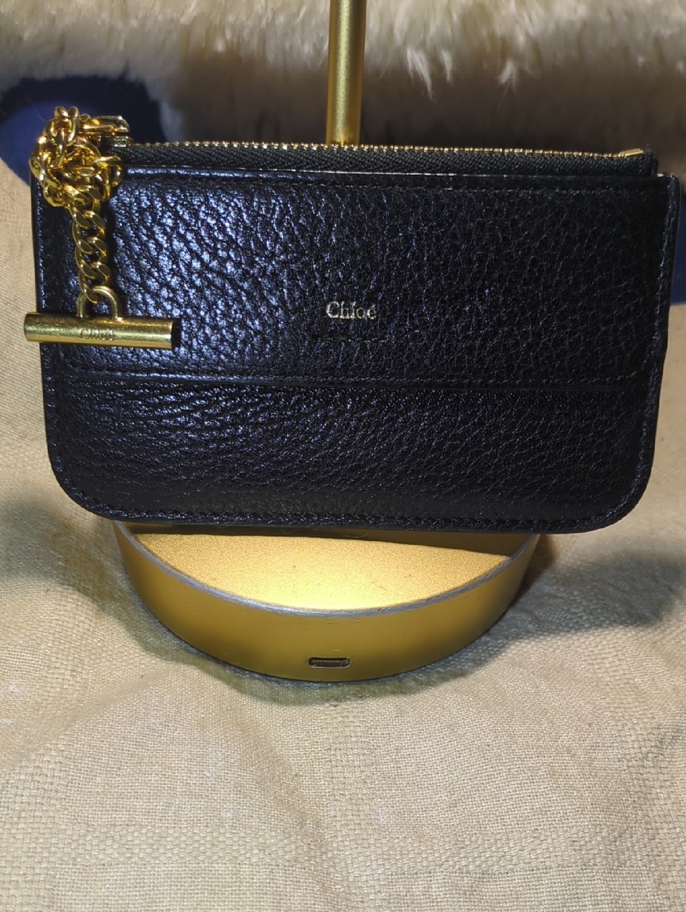 Chloé Black Pebbled Leather Card Pouch with Gold Hardware $110